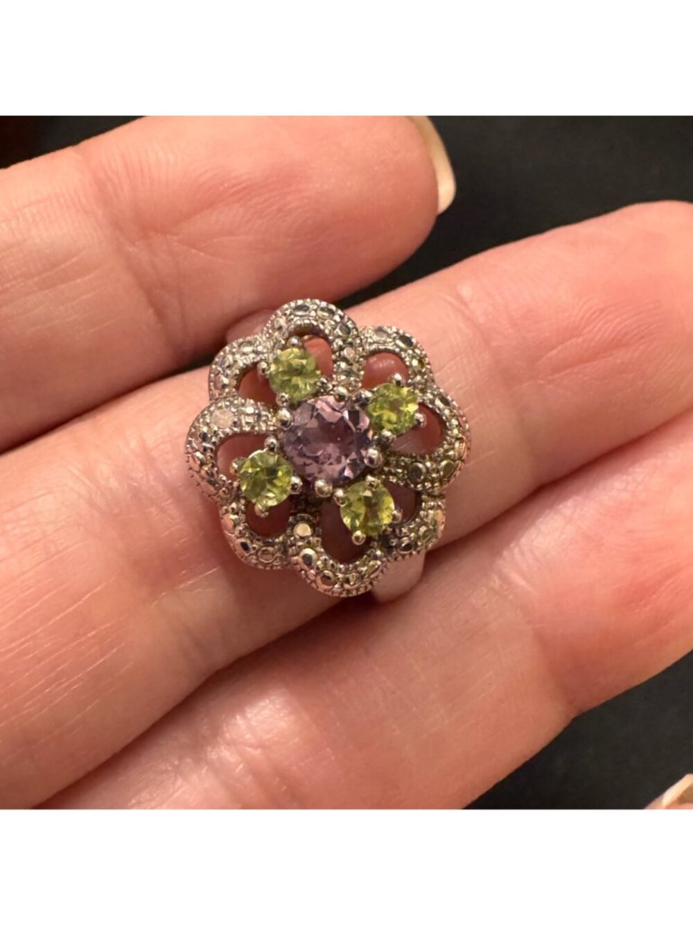 Sterling Silver 925 Amethyst Peridot Prong Set Statement Ring Size 7.75 - Picture 6 of 12